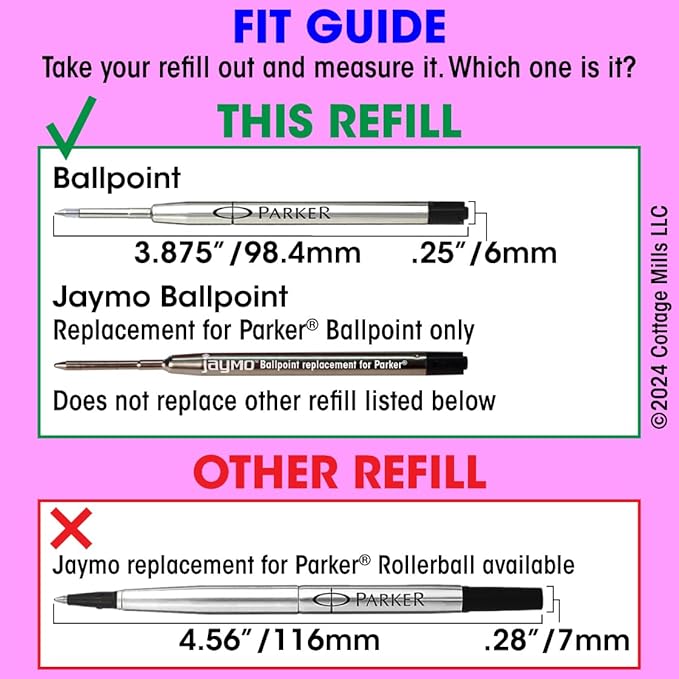Jaymo Replacement for Parker 1950371 and Bastion - Measures 3.875 in / 98 mm Long - G2 Ballpoint Pen Refill - 6 Blue
