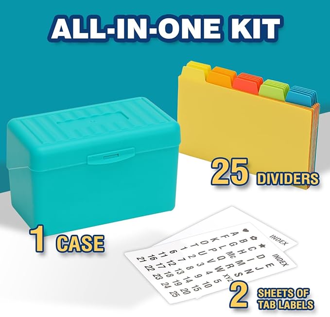 H4D Index Card Holder 3x5 Inches with 25 Plastic Dividers, Teal