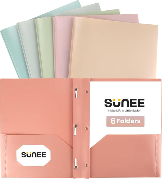 SUNEE 3-Prong Plastic Folders with Pockets (6 Pack, Vintage Colors) 2 Pocket Folders with Fasteners, Tear-Resistant Plastic Pockets, and Fit Letter Size Paper, Use for School Office Home Business