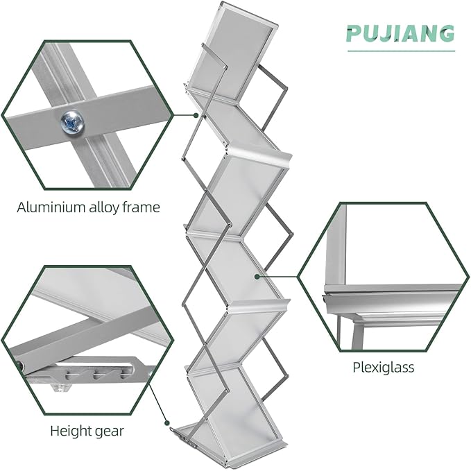 6 Pockets Collapsible Literature Rack for Trade Shows, Metal Floor Standing Literature Stand Catalog Rack Brochure Rack Flyer Holder Pamphlet Holder with Carry Case