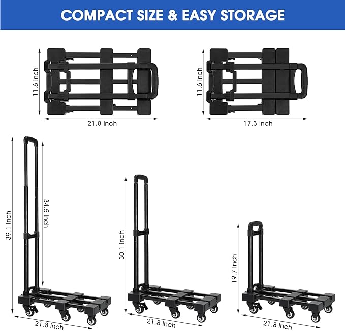 KEDSUM 90&150° Folding Hand Truck, 500lbs Heavy Duty Dolly Cart, Portable Luggage Cart with 6 Solid Construction Wheels, Collapsible Foldable Hand Cart for Shopping, Travel, Moving and Office Use