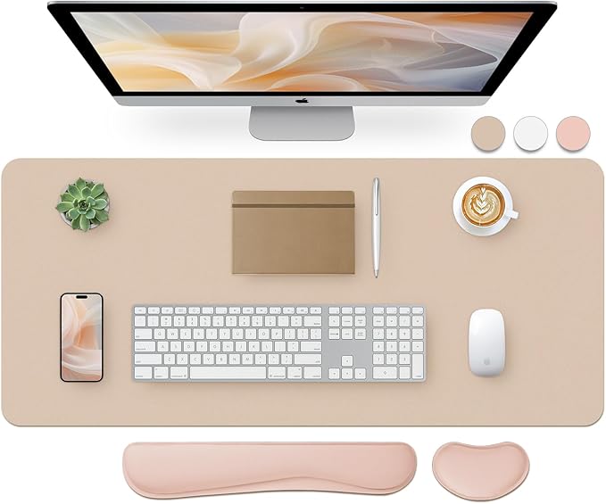 Bloss Leather Desk Pad and Keyboard Wrist Rest, Large Mouse Pad + Keyboard Pad+Mouse Wrist Support, Non-Slip Desk Mat Protector for Office, Home (35.4×15.7 Inches,Beige)