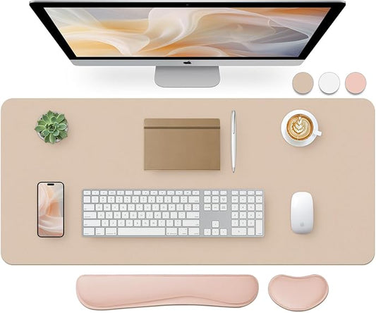 Bloss Leather Desk Pad and Keyboard Wrist Rest, Large Mouse Pad + Keyboard Pad+Mouse Wrist Support, Non-Slip Desk Mat Protector for Office, Home (35.4×15.7 Inches,Beige)