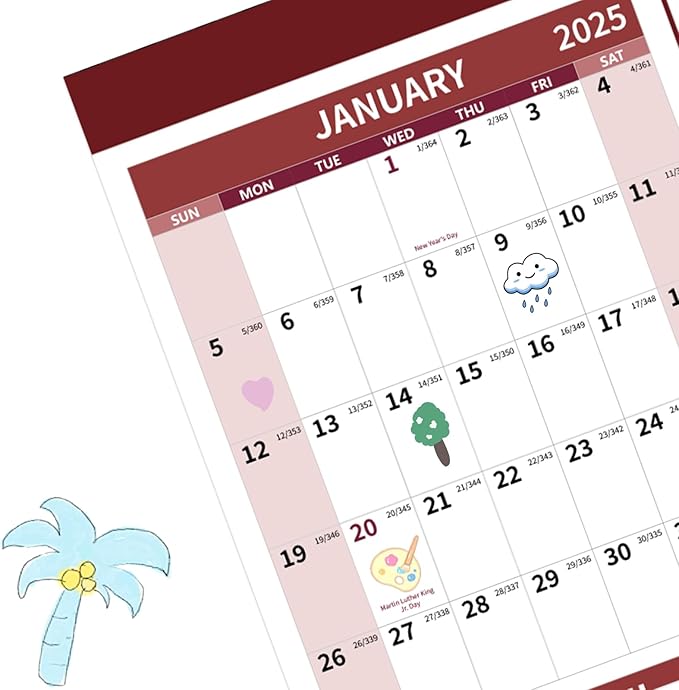 2025 Wall Calendar 34.8" x 22.8" Large Vertical Yearly Wall Hanging Calenda with Julian Date Thick Paper Calendar 12 Month Annual Wall Planner for Wall Office Fridge(Red)