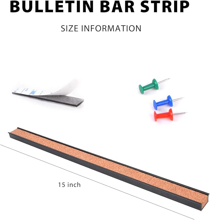 Corksidol Bulletin Bar Strip, Cork Board, 15" x 1", Classroom, Office, Cubicle, Aluminum Frame (Black)