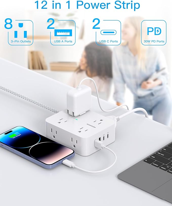 PD 30W USB C Power Strip 15Ft, 8 Outlets Surge Protector 4 USB Fast Charger (2 USB C Ports), 1080J Desk Charging Station for Multiple Devices, Flat Plug Extension Cord for College Dorm Room Essentials