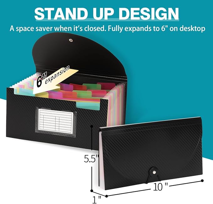 H4D Check Size 13 Pocket Expanding File Folder, Accordion File Organizer Wallet Case for Coupon Receipt Storage, 10 x 5.5 inches, Black