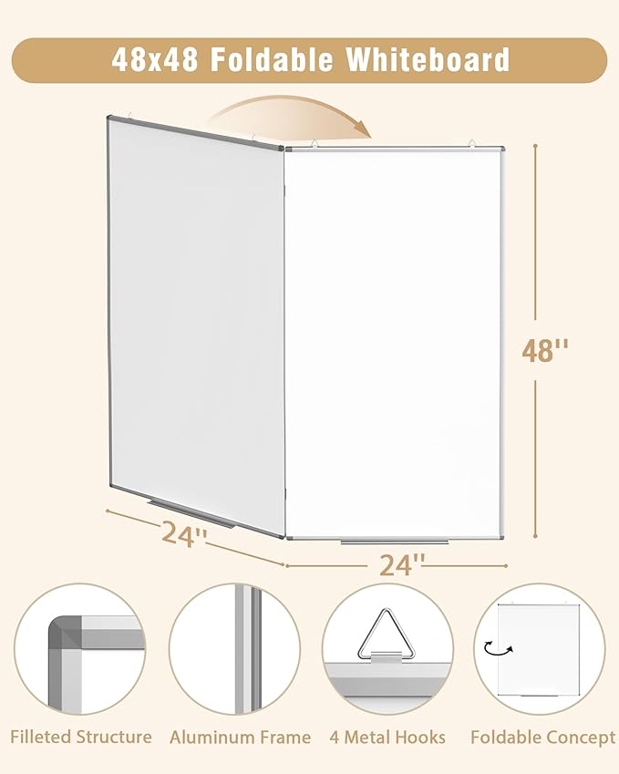 48"X 48" Large Magnetic Dry Erase Whiteboard, Removable Wall Hanging Board with 4 Pens & 1 Dry Erasers & 6 Magnets, Sliver Aluminum Frame White