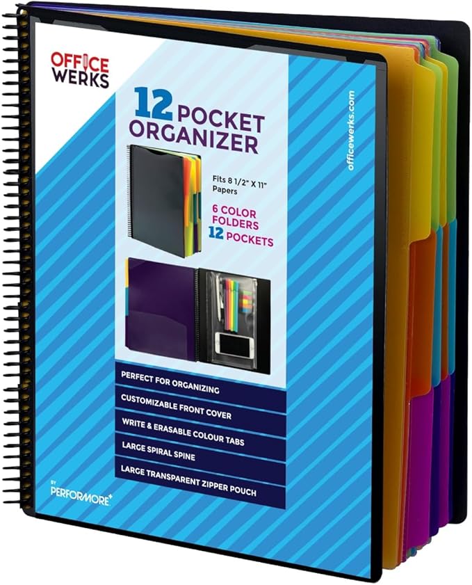 Performore - 12 Pocket Spiral Subject Organizer with 6 Dividers, Folder Organizer Binder with Front Cover Pocket and Customizable Cover, Erasable Write On Tabs for Documents Files Projects