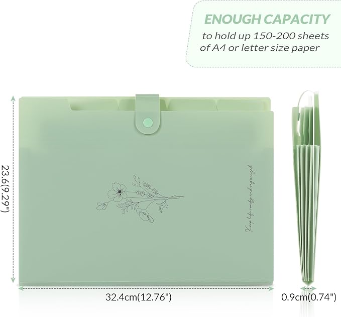 SKYDUE Expanding File Folder with 5 Pockets, Aesthetic Accordion File Organizer, Portable Document Paper Bill Receipt Organizer, School Office Supplies, Letter/A4 Size, (1, Pea Green)
