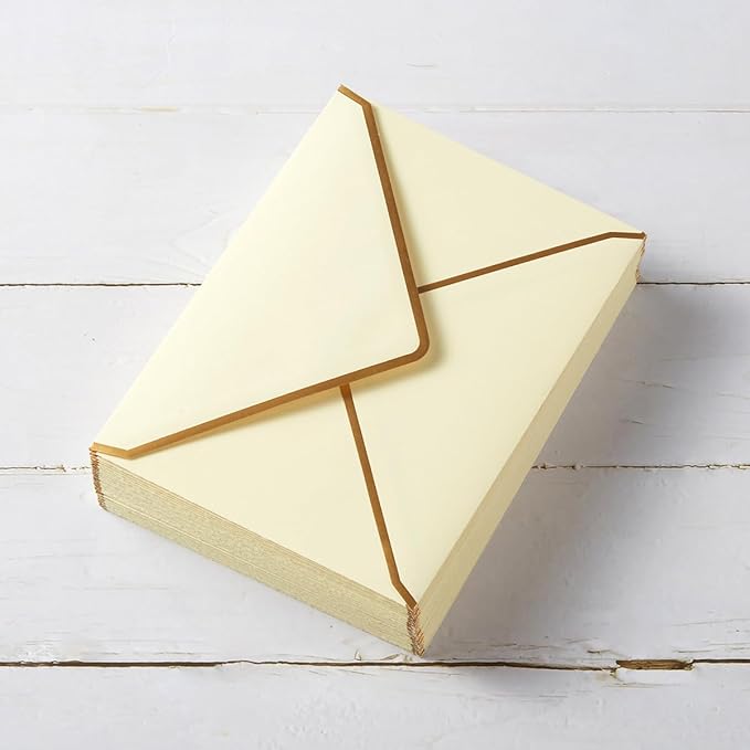 50 Pack A7 Envelopes Cream Color 5 x 7 Self-Adhesive V Flap Envelopes with Gold Border for Office, Greeting Card, Wedding, Graduation, Baby Shower, Parties, Invitations (Cream Color, 5x7)