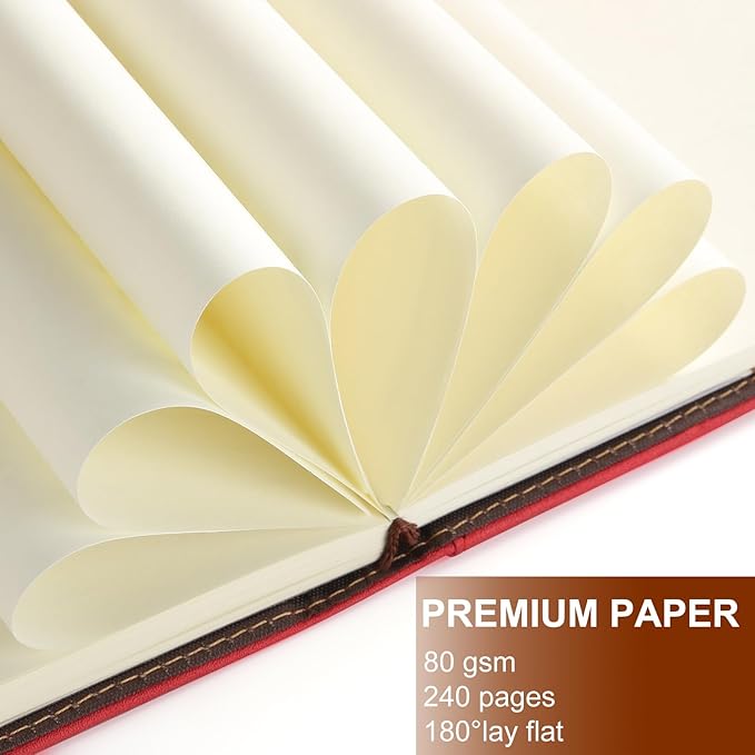 A5 Blank Journal Notebook, Refillable Hardcover Leather Sketchbook with Pocket and Magnetic Buckle, 240 Pages Travel Sketchbook for Drawing and Writing, 80gsm Unlined Journal for Men and Women - Red
