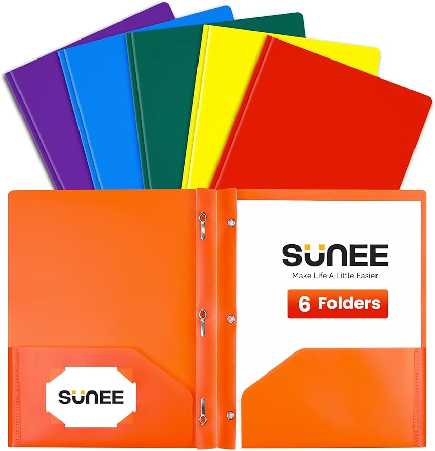 SUNEE 3-Prong Plastic Folders with Pockets (6 Pack, Assorted Colors) 2 Pocket Folders with Fasteners, Tear-Resistant Plastic Pockets, and Fit Letter Size Paper, Use for School Office Home Business