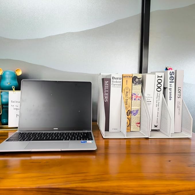 2 Set Desk Organizers, Metal Desk Magazine File Holder and 1 Pen Holder, 2 Compartments Mesh File Holder, Mesh Desktop Organizer and Storage (white)