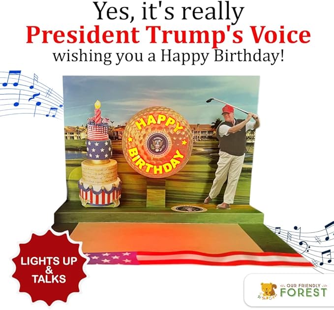 OUR FRIENDLY FOREST Pop Up Birthday Card with Light & Sound Features Real Donald Trump Voice Message for Men and Women, Parents, Couples (Golf)