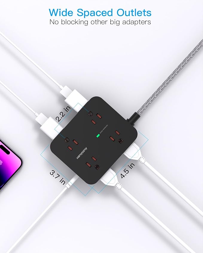 Power Strip Surge Protector 10 Ft Cord, Extension Cord Flat Plug with 8 Outlets 4 USB Ports(2 USB C), Wall Mount, Desk Charging Sation for Home Offcie