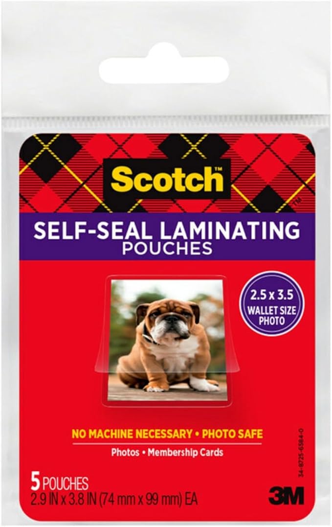 Scotch Self-Sealing Laminating Pouches, Wallet Photo Size, Glossy Finish, 2 1/2 in. x 3 1/2 in., 5 Pouches (Pack of 2)