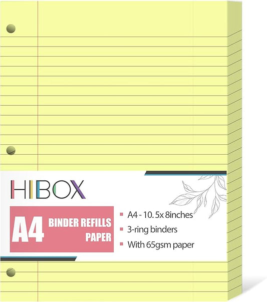 HIBOX 100 Sheets Ruled Loose Leaf Paper, 8" x 10.5" Yellow Lined Filler Paper Binder Refills Paper 3 Holes Punch for Notebook Binder Planner School Office