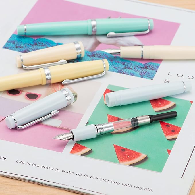 Jinhao 82 Yellow Acrylic Fountain Pen, Iridium Medium Nib Classic Design Smooth Writing Pen with Ink Converter (Silver Trim)