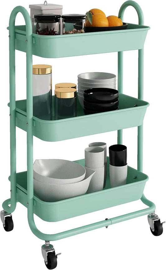 3-Tier Green Utility Rolling Cart,Kitchen Storage Carts with Wheels,Green Metal Rolling Cart for Office,Home,Kitchen,Garden（18"x11.4"x31.2"）