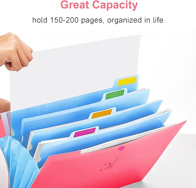 Forvencer Accordion File Organizer, Letter Size, 5 Pocket Expanding File Folder, Cute File Folder with Labels, Portable File Organizer for School Office Supplies, Folders for Documents, Fuchsia