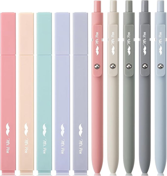 Mr. Pen Aesthetic Gel Pens & Highlighters No Bleed, 10 Pack - Morandi Color Bible Pens, Black Ink