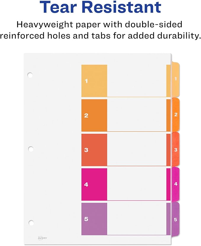 Avery 5 Tab Dividers for 3 Ring Binders, Customizable Table of Contents, Multicolor Tabs, 3 Sets (11070)