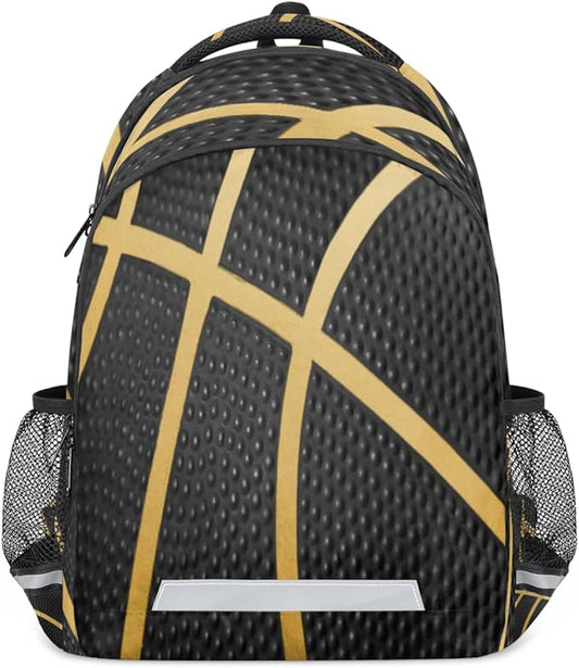 Balck Gold Sport Basketball Backpack School Bookbag Laptop Purse Casual Daypack for Teen Girls Women Boys Men College Travel