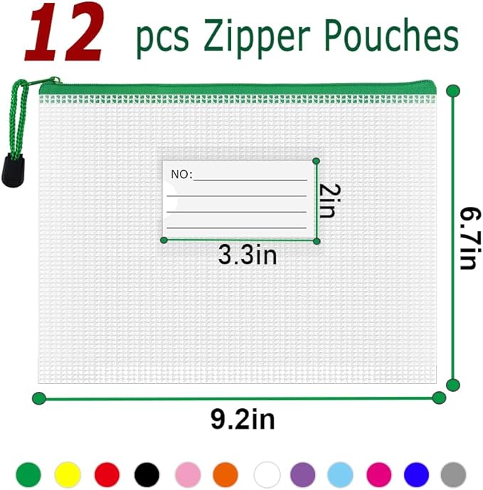 AUSTARK Plastic Mesh Zipper Pouch, 12Pcs Zipper File Bags with Label Pocket, A5 Size 9.2x6.7in, White
