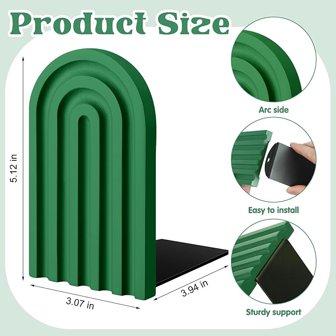 Harloon 4 Pieces Boho Arch Wood Bookends Rainbow Arch Back to School Gift Ideas Non Skid Bookend Decorative Wooden Book Stand Book Stoppers for Books Movies CDs (Green Color)