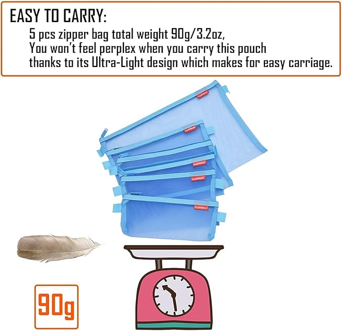 Pendancy Mesh Zipper Pouch 5pcs Lightweight Nylon File Folders Document Organizer Cosmetic Bags Accessories Storage for Travel and Office Supplies (Blue, A4 A5 A6)