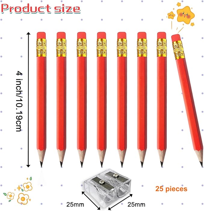 Adhere 25pcs Golf Pencils with eraser Hexagon Wooden Pencils Graphite 2B for Golf Event Scoring,Classroom,Wedding,Company Meetings,Pew, Pocket (Red)