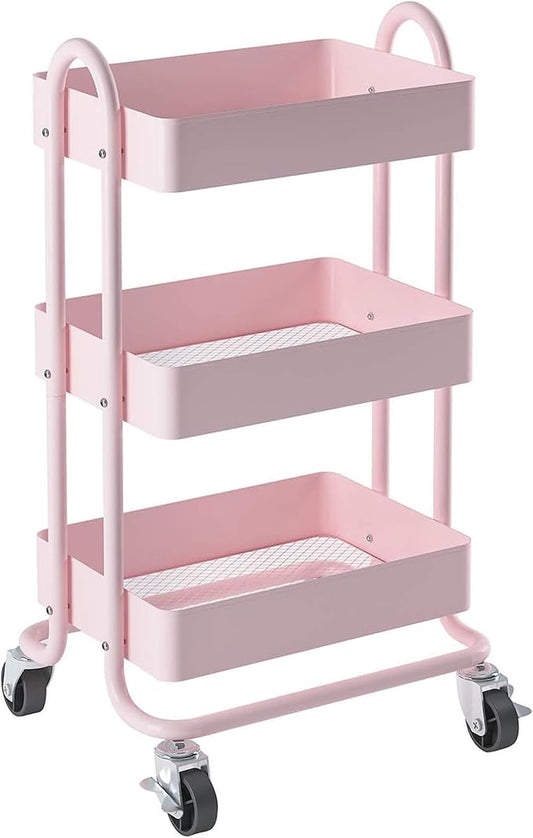 3-Tier Pink Utility Rolling Cart,Kitchen Storage Carts with Wheels,Pink Metal Rolling Cart for Office,Home,Kitchen,Garden（13.4"x18.1"x31"） Pink