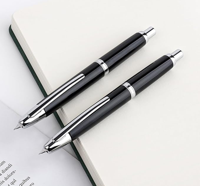 JINHAO 10 Press Fountain Pen, Retractable Metal Pen with Ink Converter (F Nib 0.5mm, Bright Black)