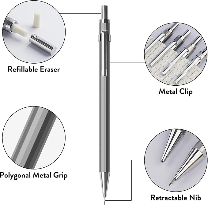 Four Candies 0.5mm Mechanical Pencil Set with Case - 4PCS Metal Mechanical Pencils, 8 Tubes HB #2 Lead Refills, 3PCS 4B Erasers and 9PCS Eraser Refills, Lead Mechanical Pencils for Writing & Drawing