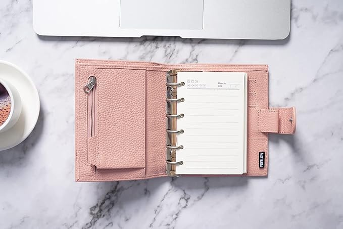 Moterm Pocket Regular Rings Planner - Genuine Leather Binder Organizer (Pebbled-Dusty Rose, 19mm Ring)
