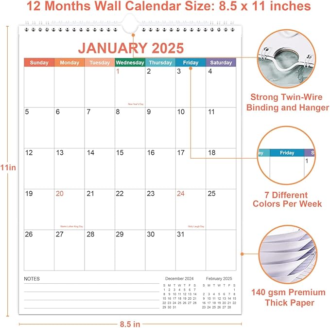 2025 Calendar - Wall Calendar 2025 from January 2025 - December 2025, 12 Months Calendar with Twin-Wire Binding & Hanging Hook, 8.5" x 11", Vertical Calendar, Colorful