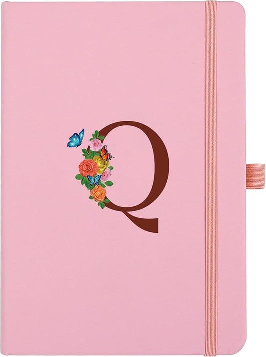 Pink Notebook for Women, 5.7"X8.3" A5 Journal Notebook with Letter Q, Dual-Sided Writing Notebook with Dividers, Cute Leather Journal for Work, Business, School, Meetings, Travelers, Small Notebook