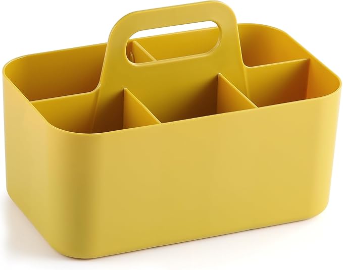 Multiuse Caddy Organizer w/ Handle - Stackable Plastic Tote Bin - Art Craft Supplies, Office, Desk, Stationery Pen Holder, Kitchen, Utensil, Makeup, Bathroom, Shower, Cleaning, Dorm Organizer - Yellow