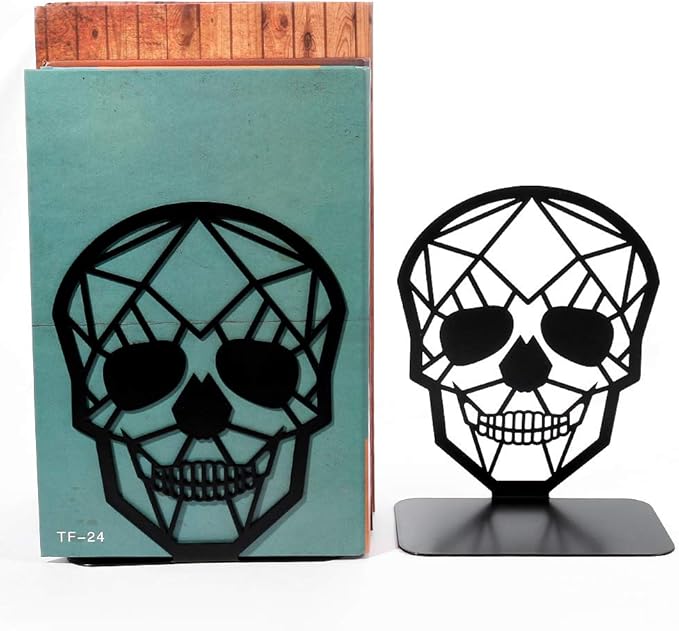 Metal Skull Design Black Bookend - Heavy-Duty Bookends for Shelves, Skull Book Ends for Heavy Books, Book Shelf Holder Home Office Decorative Desktop Organizer (1 Pair)