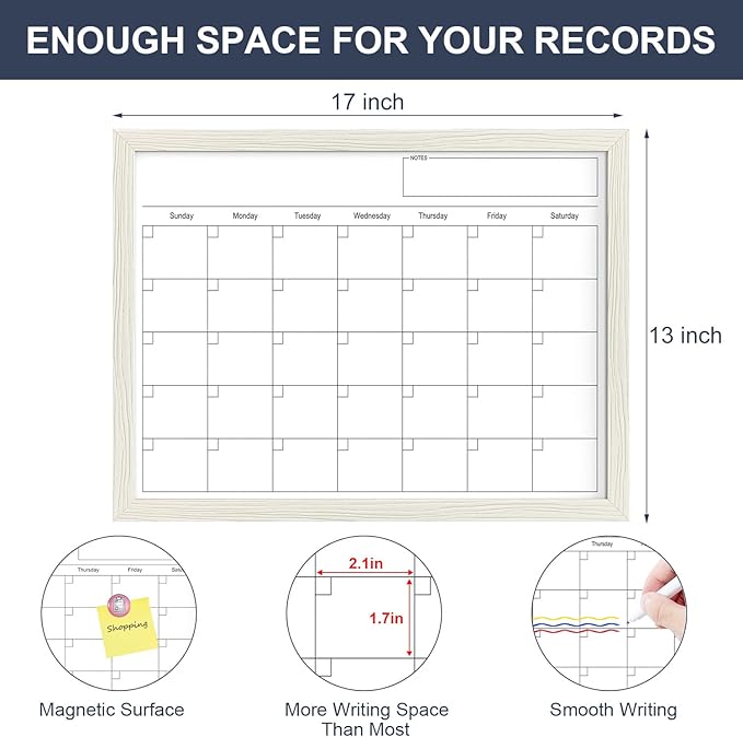Calendar Whiteboard for Wall, TANKEE 17x13 Inches Dry Erase Calendar, Magnetic Small White Board with Wood Frame, Hanging Dry Erase Board for Wall Kitchen Home Office Planner