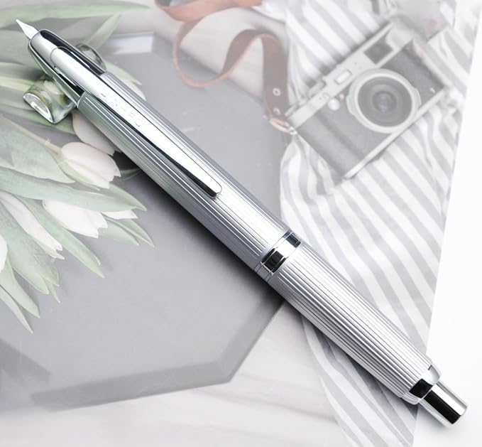 JINHAO 10 Press Fountain Pen, Retractable Metal Pen with Ink Converter (EF Nib 0.38mm, Striated Silver)