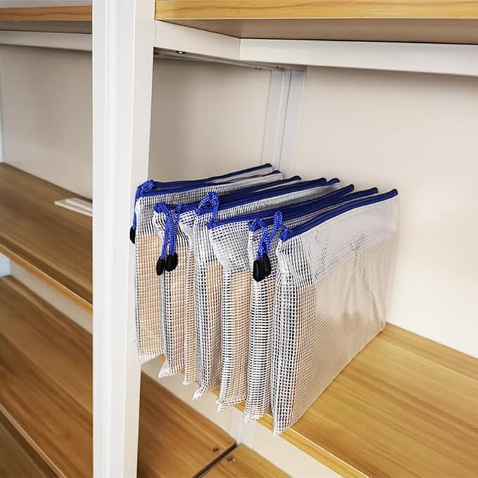 AUSTARK 10 Pcs Zipper File Bags, Waterproof Plastic Mesh Pouch for Office School, Board Game Storage Bags (B5 Size 11.4''x8.2'', White and Blue)