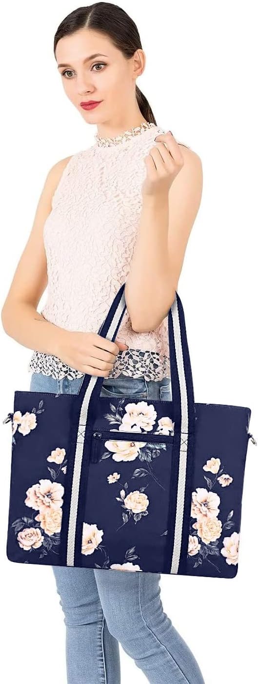 MOSISO Laptop Tote Bag for Women (17-17.3 inch), Canvas Camellia Multifunctional Work Travel Shopping Duffel Carrying Shoulder Handbag, Blue