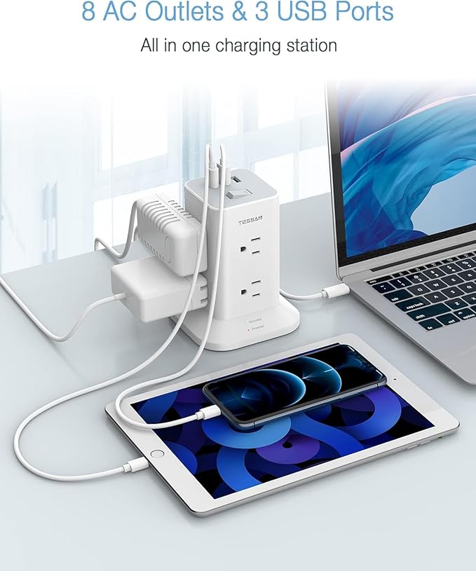 Tower Power Strip with 6 Feet Extension Cord, 8 Outlets 3 USB Chargers, 1700 Joules Surge Protection, Extension Cord with Multiple Outlets, 1875W, Office Supplies, Dorm Essentials, Charging Station
