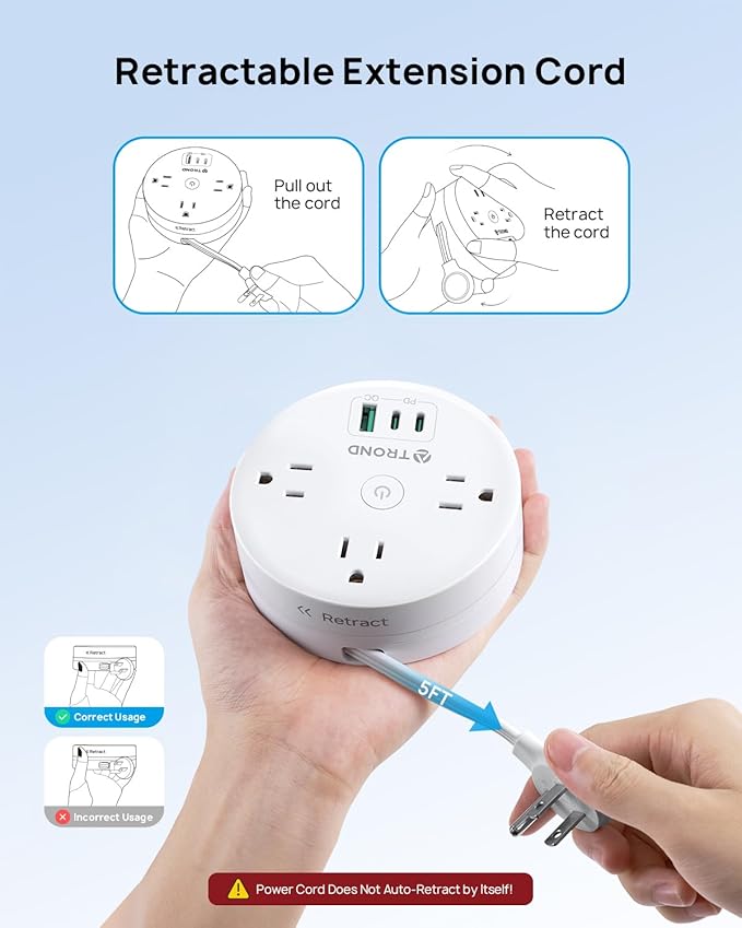 TROND 20W USB C Travel Power Strip - Retractable Extension Cord 5ft Ultra Thin Flat Plug, Power Strip with 3 AC Outlets and USB C Fast Charging, Cruise Ship Essentials, for Home Hotel Dorm Room, White