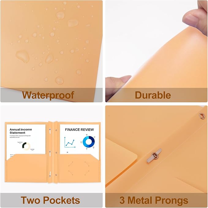 ViVin 12-Pack Sturdy Plastic Folders with Pockets and Prongs, Pastel Color 2 Pocket Poly Folder, fits 8.5 * 11 Letter Size Paper, for School, Home and Office (Light Yellow)