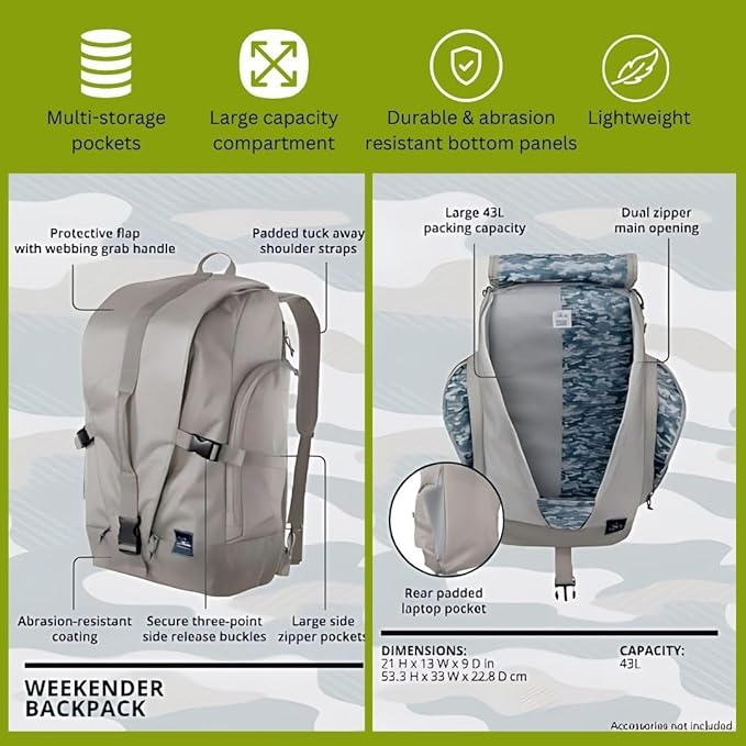 Skyway Luggage Rainier Weekender Backpack, Eco-Friendly, Made of 100% rPET Travel Laptop Bag for Women & Men, Flight Approved Carry On Bag, 43L, Olympic Green