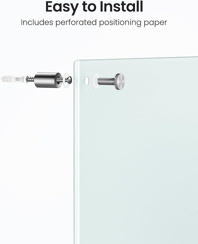 VUSIGN Glass Whiteboard 36" x 24" Magnetic Dry Erase for Office, School, Home, Frameless Mounting, Includes 4 Magnets, 2 Markers and 1 Erasers