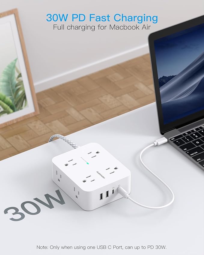 PD 30W USB C Power Strip 15Ft, 8 Outlets Surge Protector 4 USB Fast Charger (2 USB C Ports), 1080J Desk Charging Station for Multiple Devices, Flat Plug Extension Cord for College Dorm Room Essentials